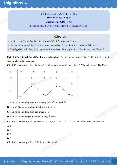 Đề thi giữa kì 1 Toán 12 - Đề số 7